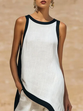 Cotton And Linen Casual Color Block Irregular Craftsmanship Crew Neck Sets