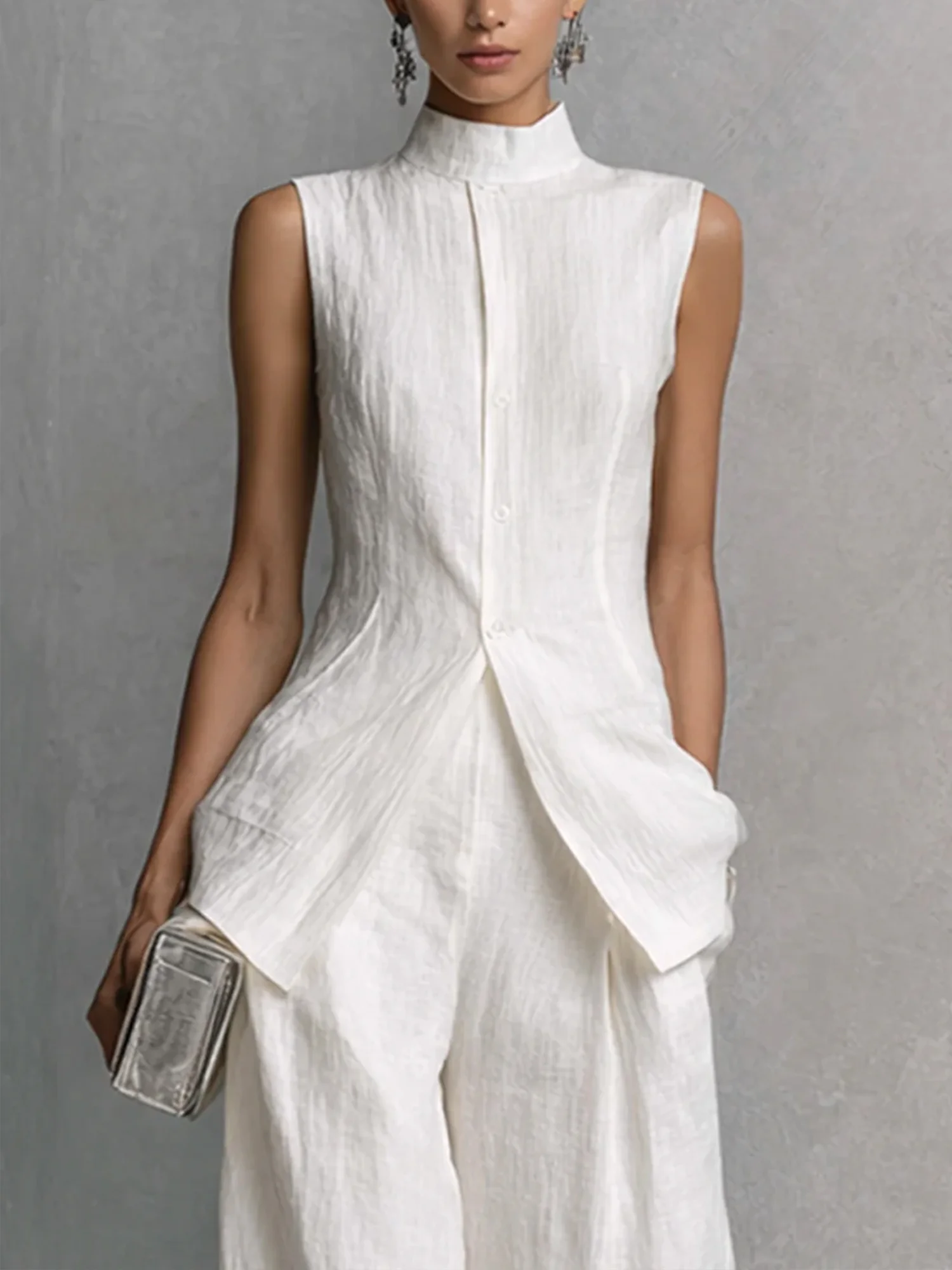 Elegant Linen Stand Collar Asymmetrical Hem Office Wear Sets