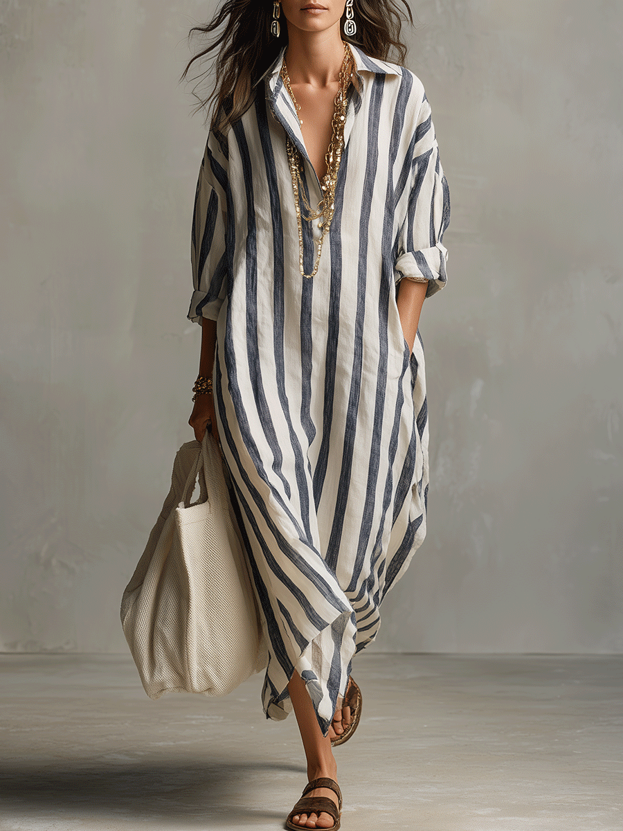 Casual Striped Shirt Bohemian Style Maxi Dress