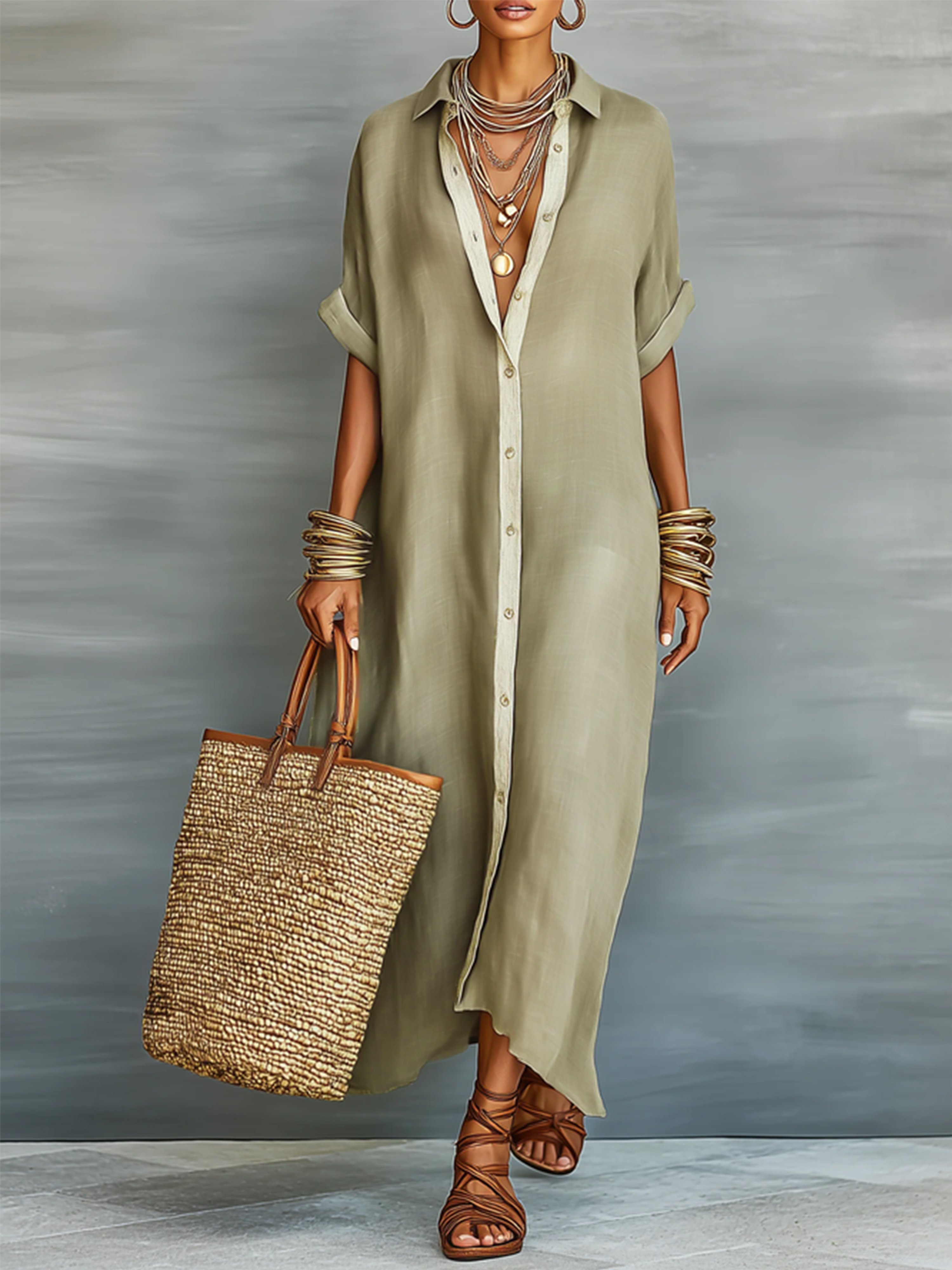 Cotton Casual Color Block Buttoned Shirt Collar Maxi Dress