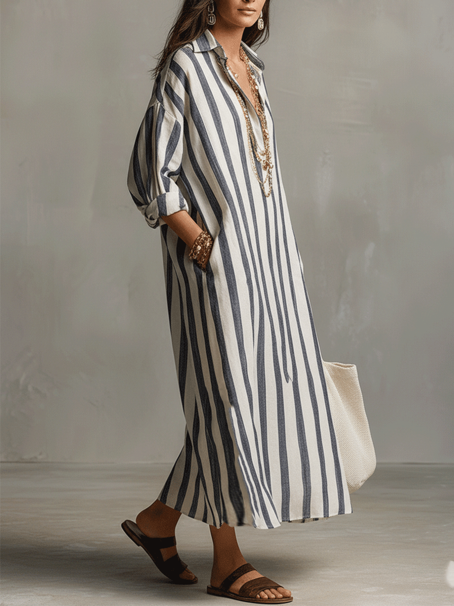 Casual Striped Shirt Bohemian Style Maxi Dress