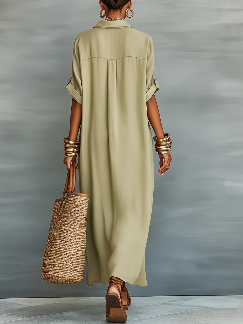 Cotton Casual Color Block Buttoned Shirt Collar Maxi Dress