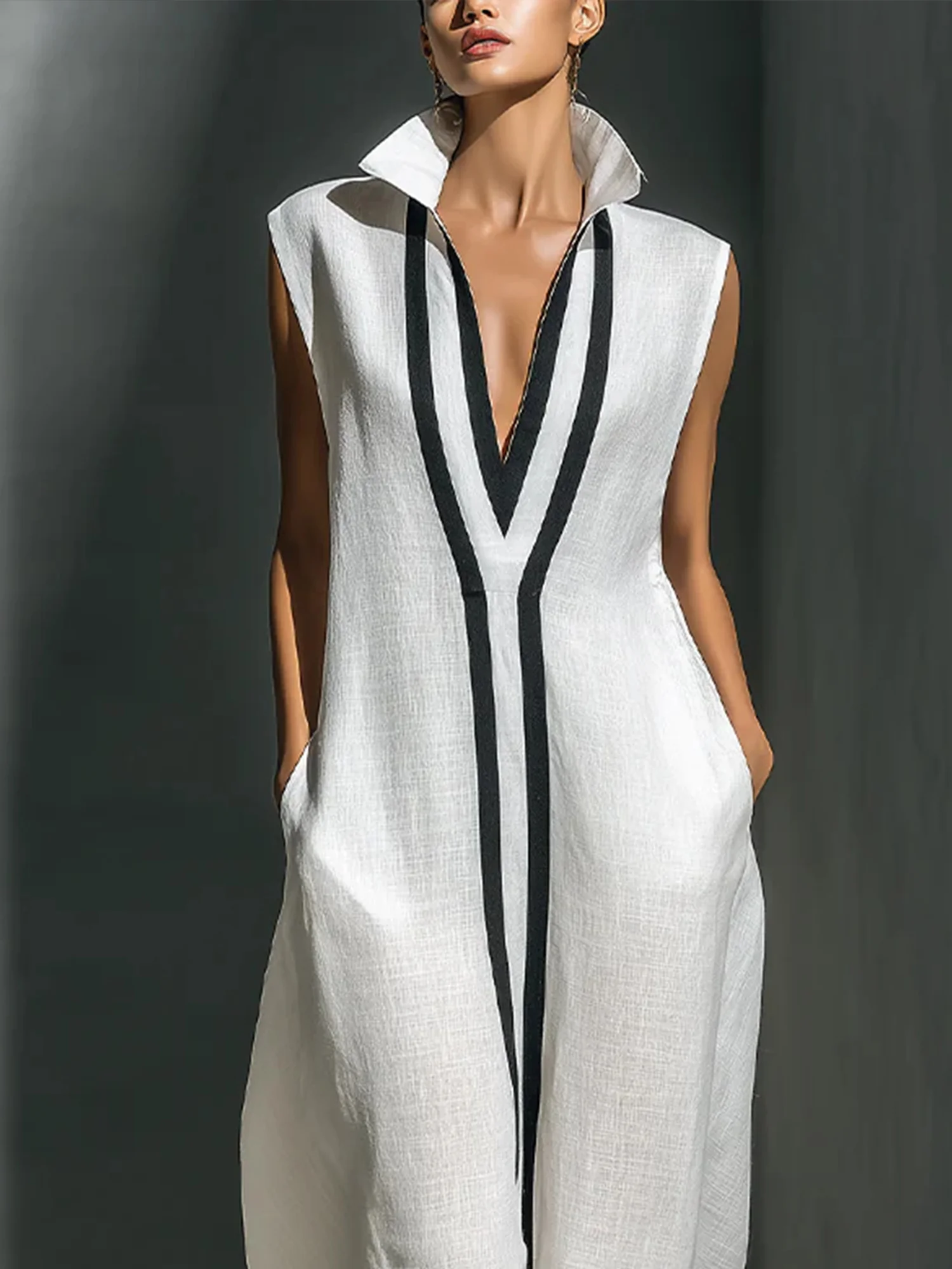 Cotton And Linen Casual Color Block Stand Collar Jumpsuit