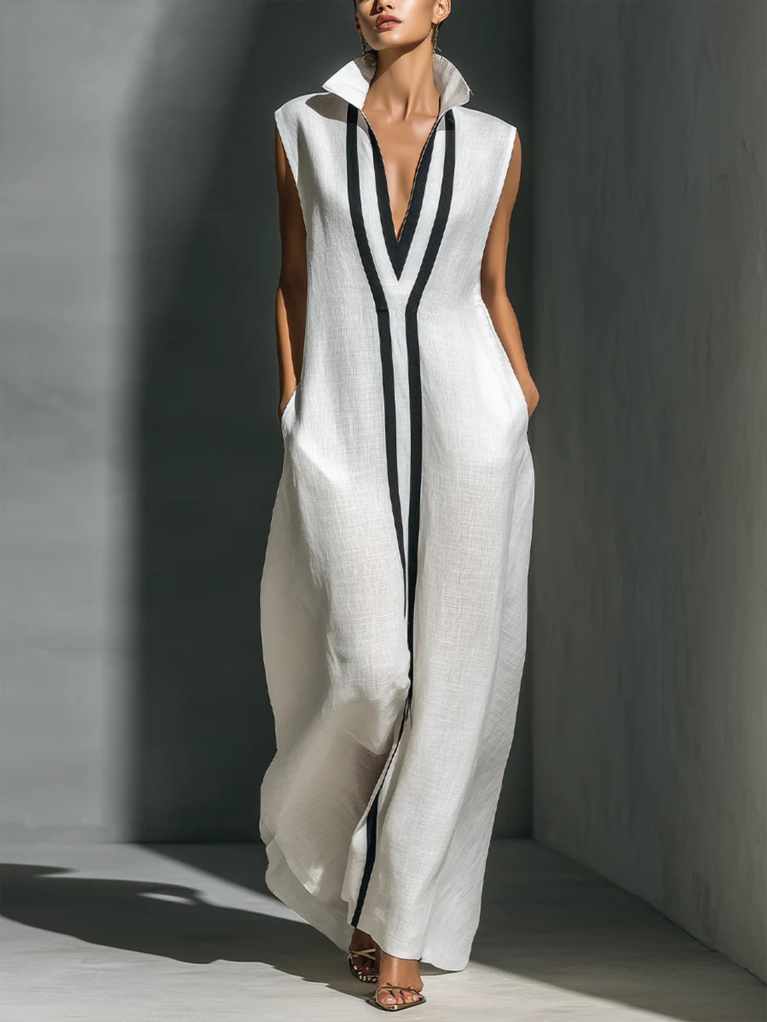 Cotton And Linen Casual Color Block Stand Collar Jumpsuit