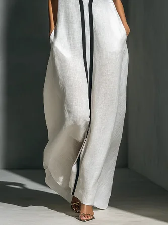 Cotton And Linen Casual Color Block Stand Collar Jumpsuit