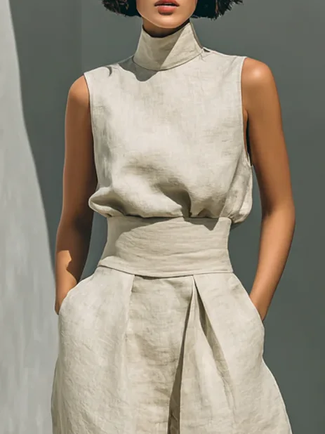 Cotton Casual Plain Bow Stand Collar Sets