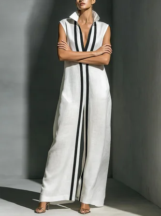 Cotton And Linen Casual Color Block Stand Collar Jumpsuit