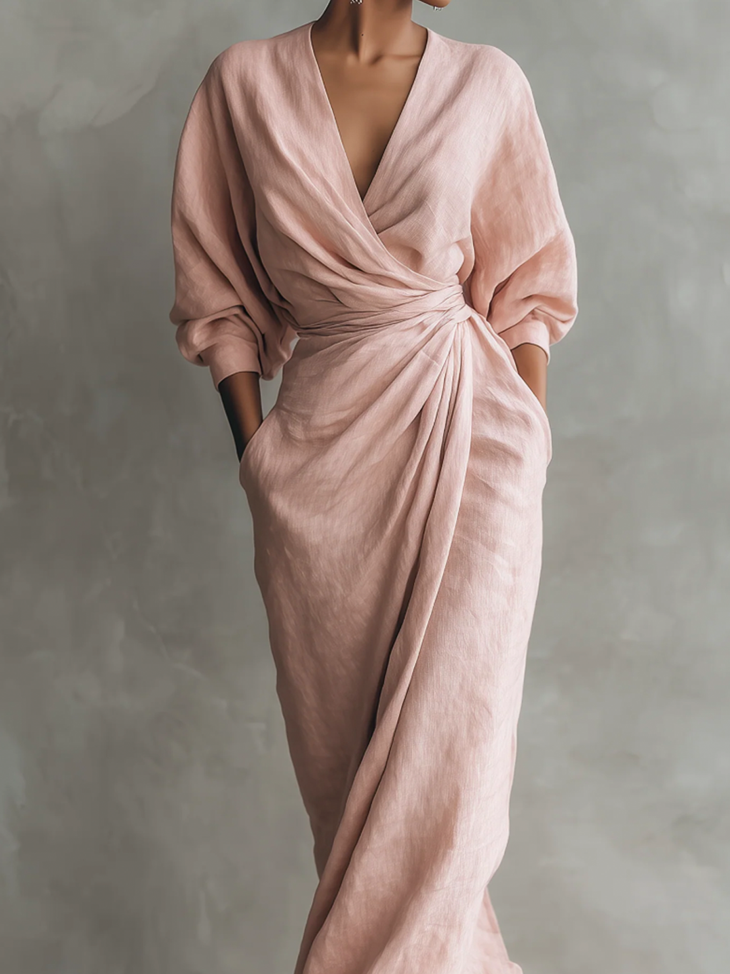 Vacation Plain V Neck Maxi Dress Belt