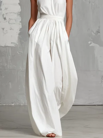 Vacation Cotton Lace-up Plain Halter Tank Jumpsuit With Belt