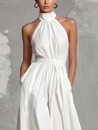 Vacation Cotton Lace-up Plain Halter Tank Jumpsuit With Belt