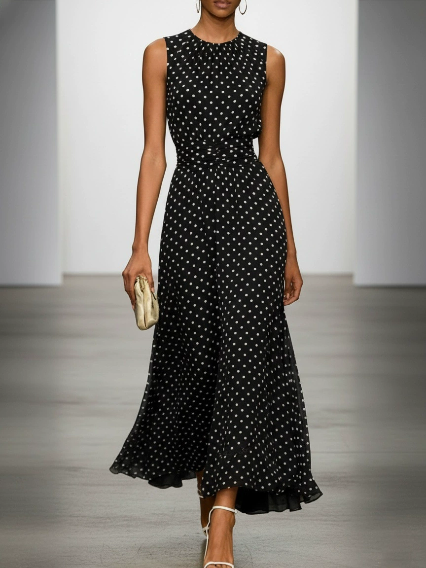 White Polka Dots Ruched Chiffon Crew Neck Sleeveless A-Line Maxi Dress