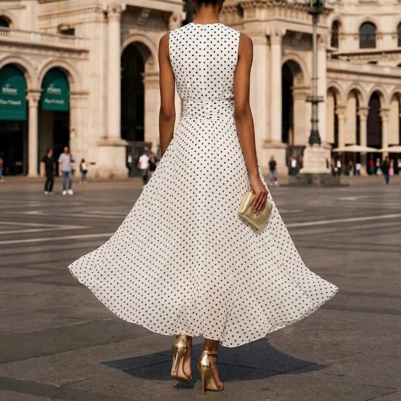 White Polka Dots Ruched Chiffon Crew Neck Sleeveless A-Line Maxi Dress