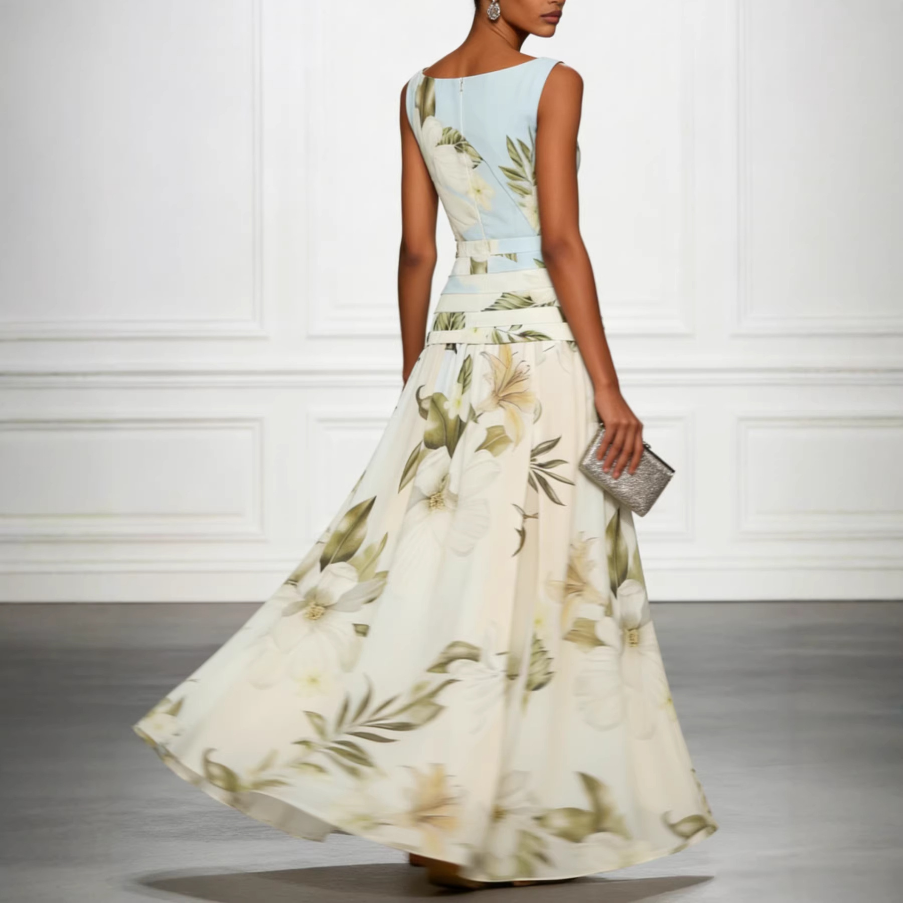 Light Blue Floral Ruched Classic Boat Neck Sleeveless A-Line Maxi Dress