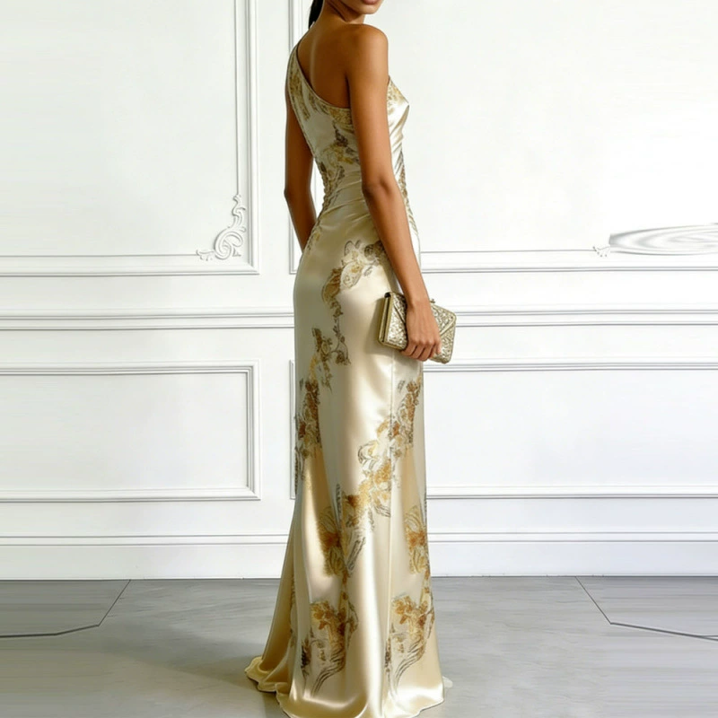 Beige Floral Satin One Shoulder Sleeveless Sheath Floor-length Gown Dress