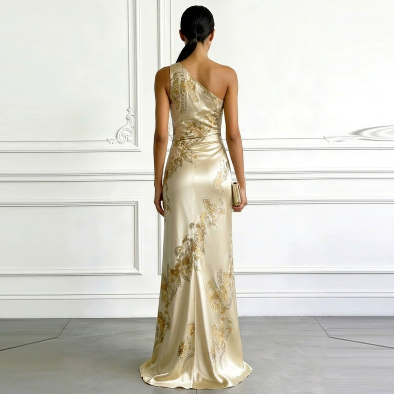 Beige Floral Satin One Shoulder Sleeveless Sheath Floor-length Gown Dress