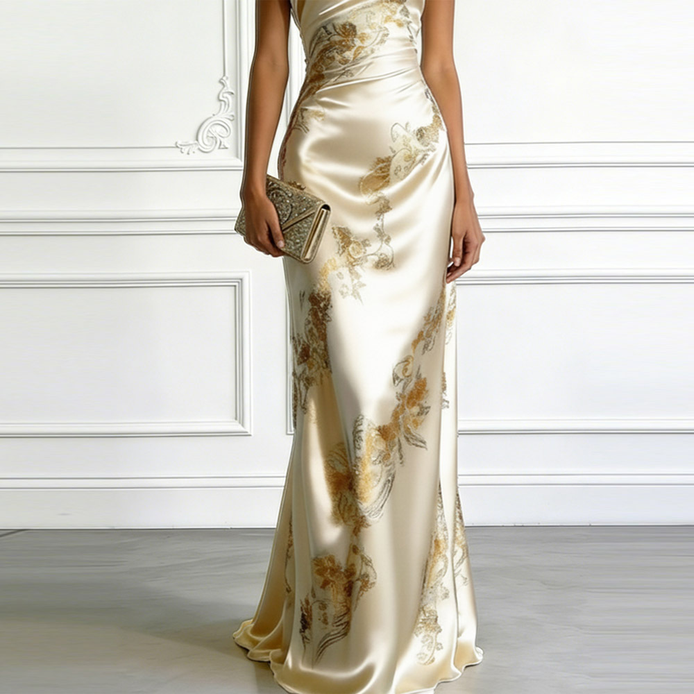 Beige Floral Satin One Shoulder Sleeveless Sheath Floor-length Gown Dress