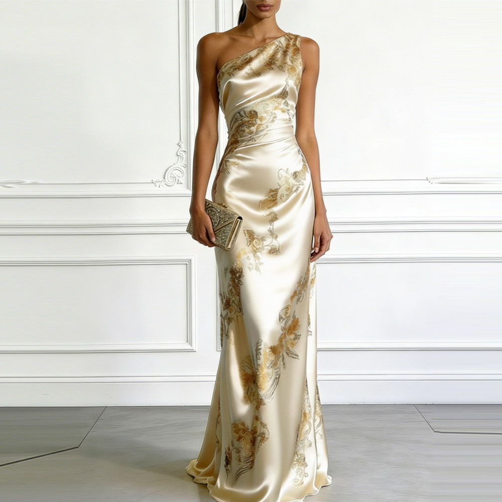 Beige Floral Satin One Shoulder Sleeveless Sheath Floor-length Gown Dress