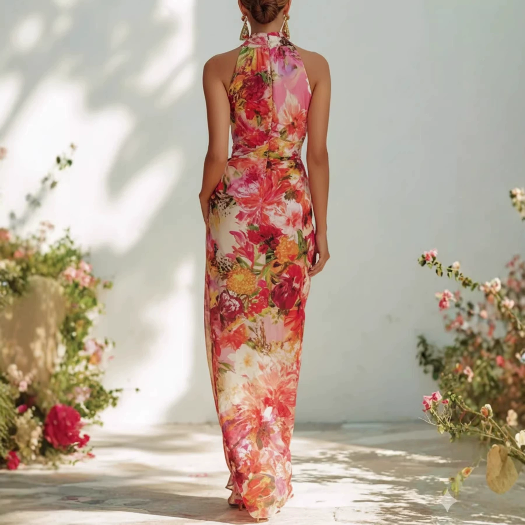Red Floral Chiffon Halter Sleeveless Maxi Dress