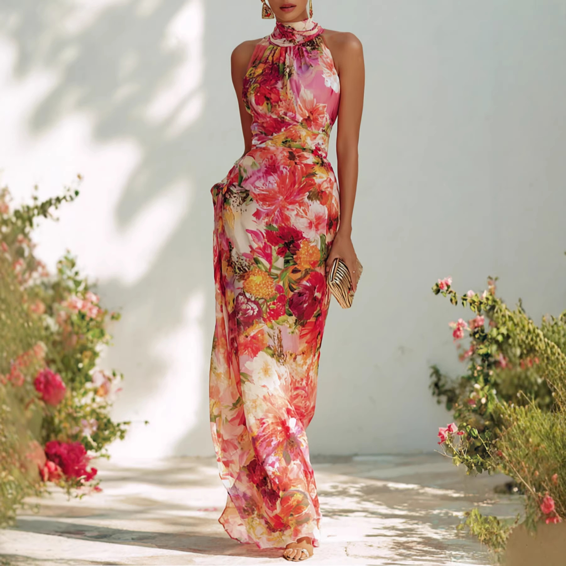 Red Floral Chiffon Halter Sleeveless Maxi Dress