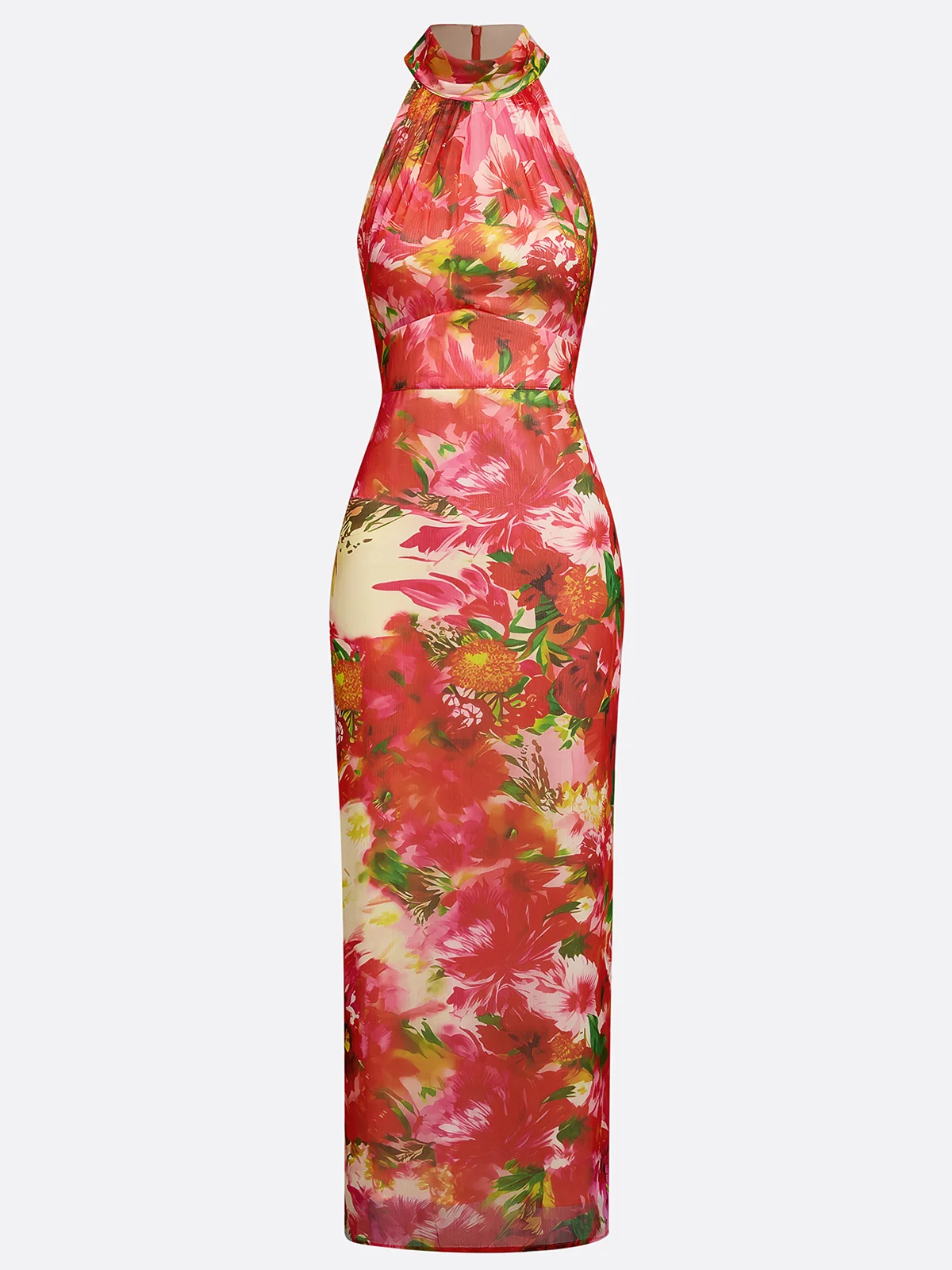 Red Floral Chiffon Halter Sleeveless Maxi Dress