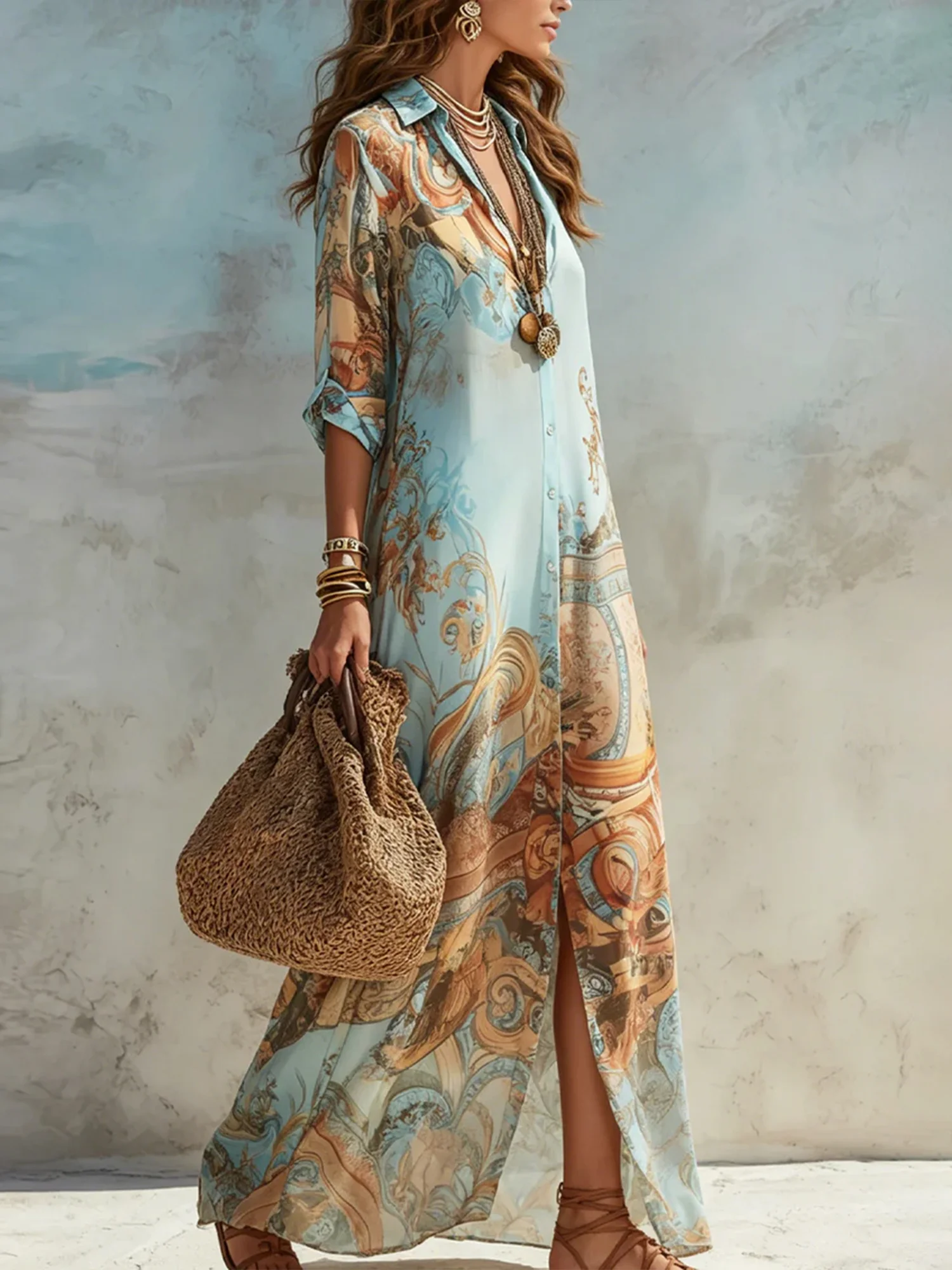 Casual Random Print Printing Shirt Collar Maxi Dress