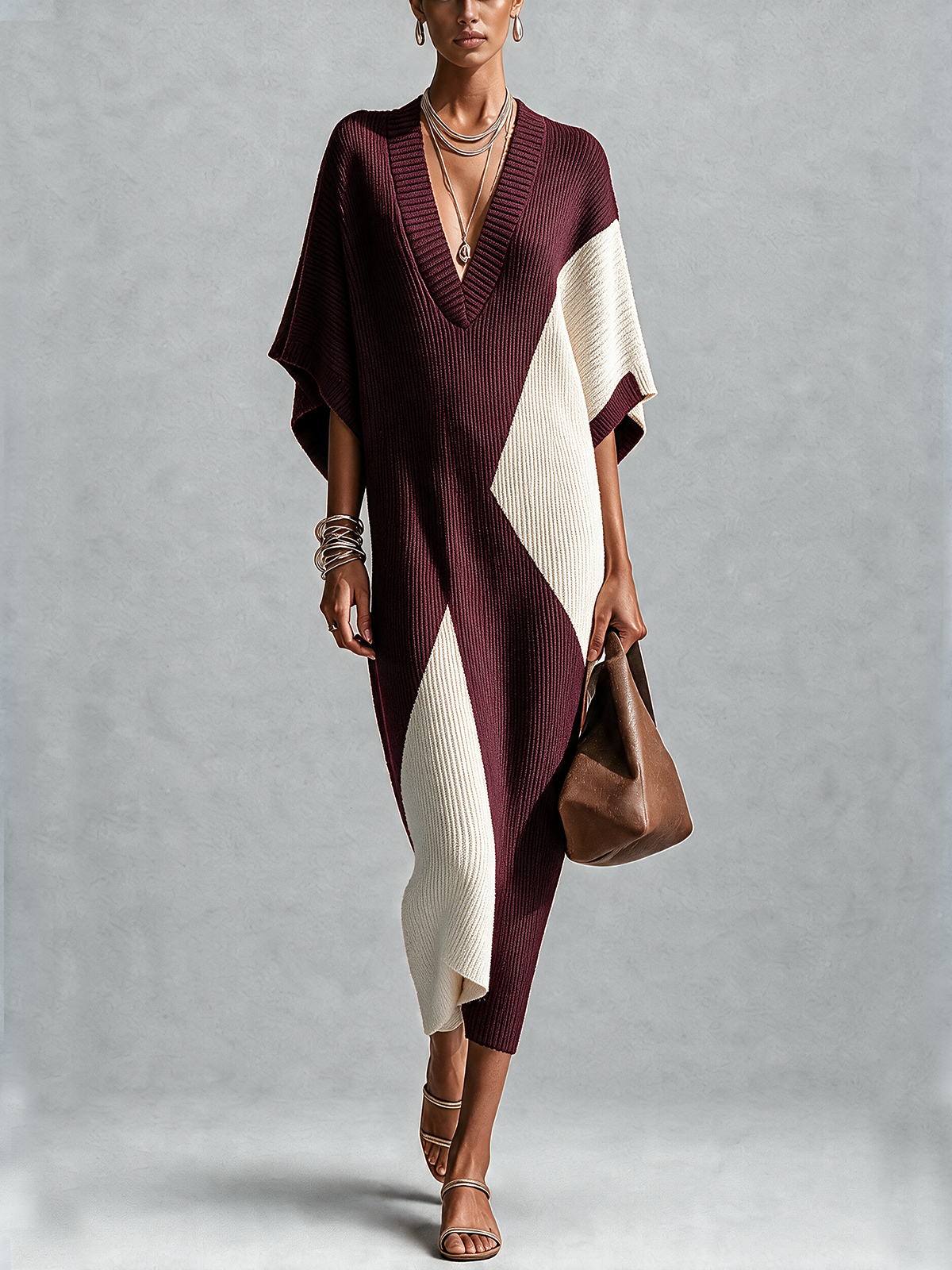 Black And White Textured Colorblock V-Neck Midi Dress