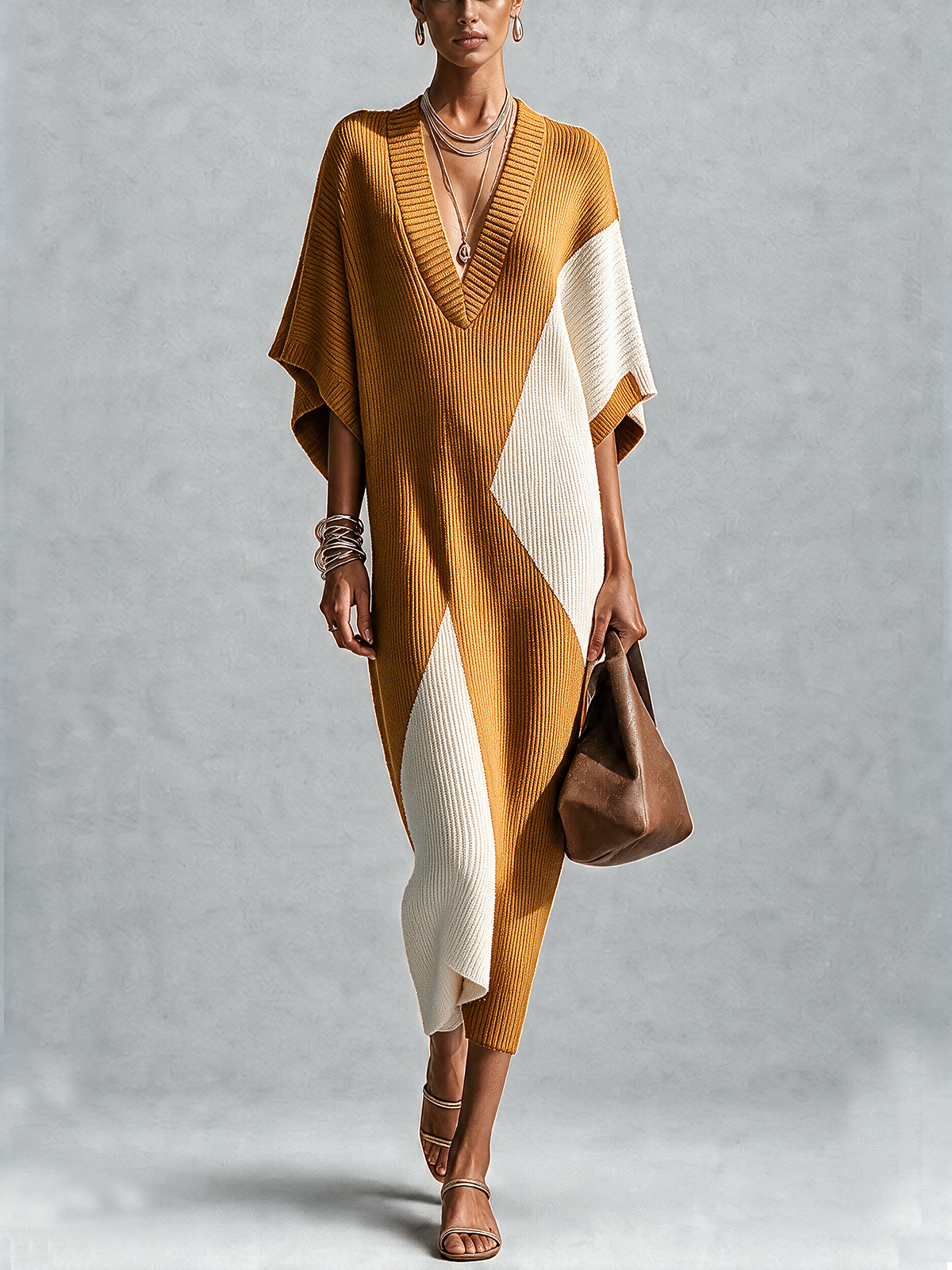 Black And White Textured Colorblock V-Neck Midi Dress
