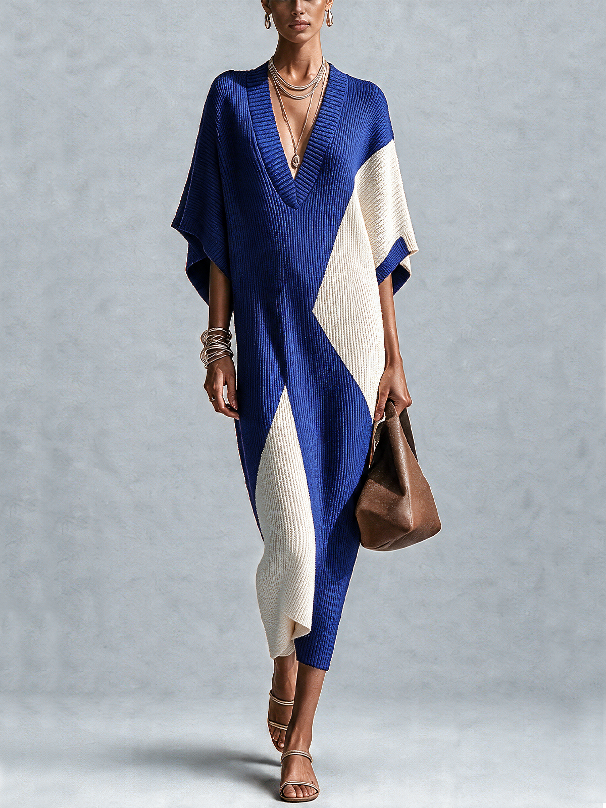 Black And White Textured Colorblock V-Neck Midi Dress