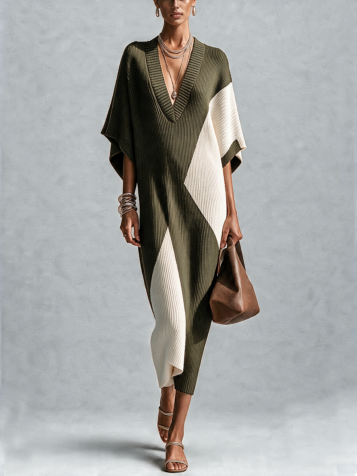 Black And White Textured Colorblock V-Neck Midi Dress