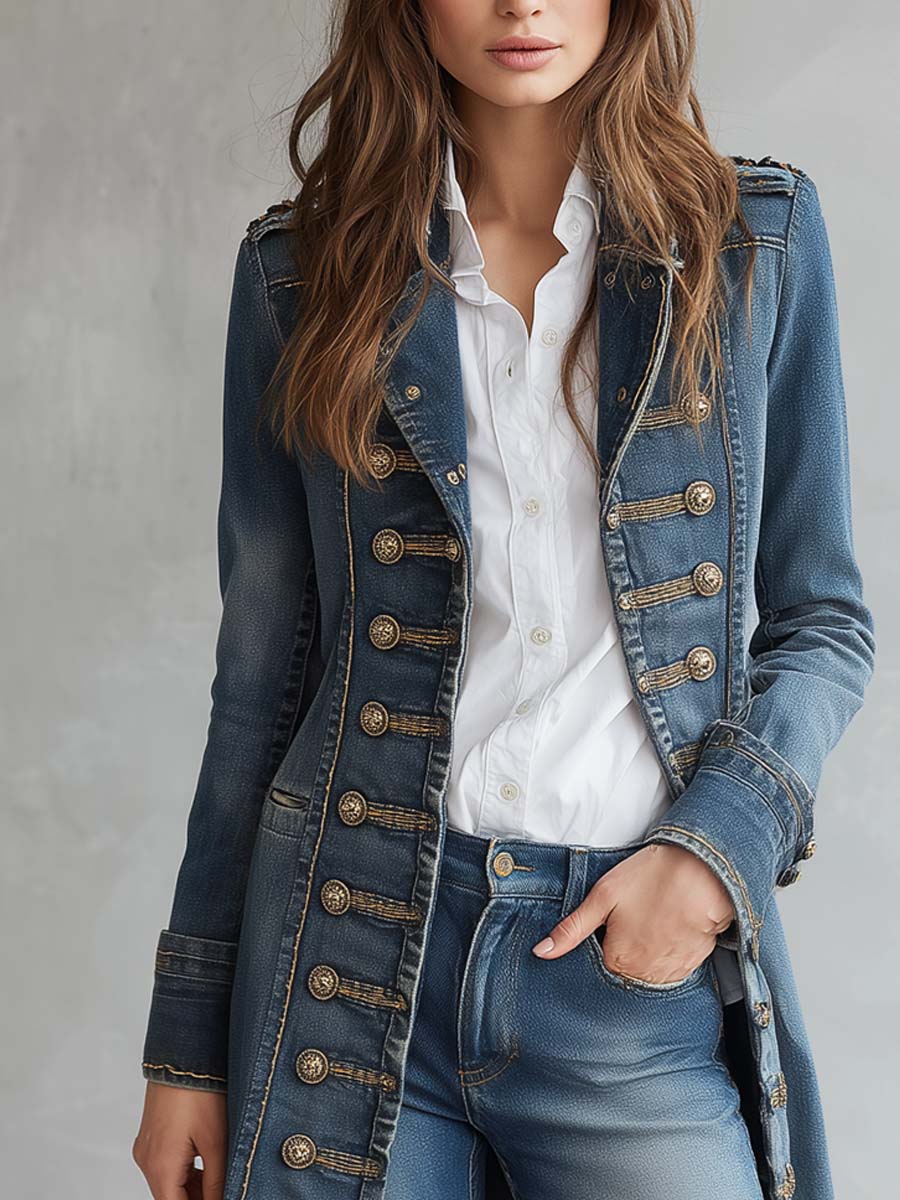 (freeshipping)Retro Military Button-Down Denim Jacket Vintage Casual Outerwear