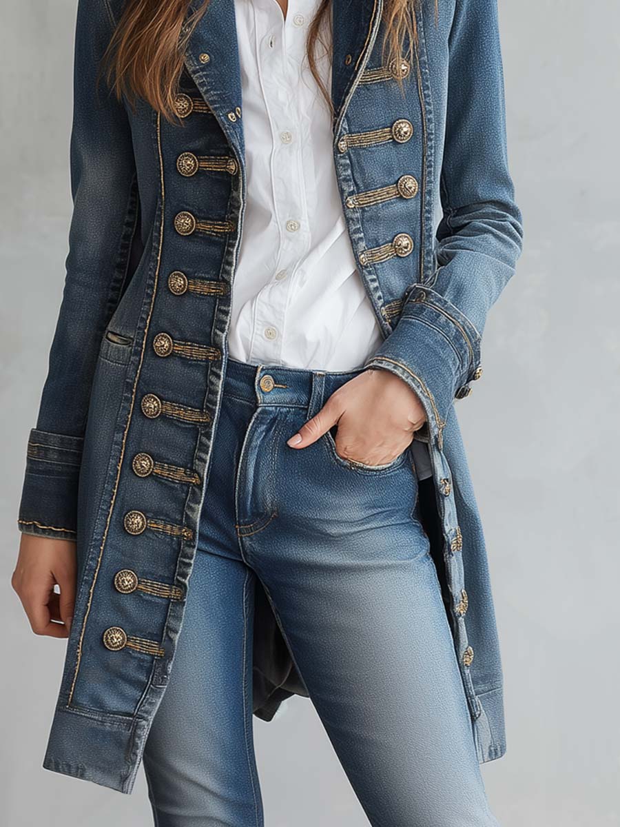 (freeshipping)Retro Military Button-Down Denim Jacket Vintage Casual Outerwear