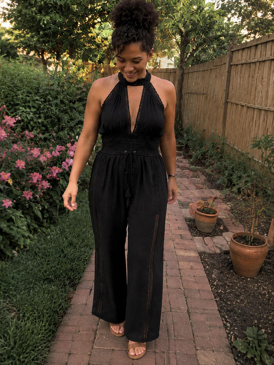 Boho Elegant Lace Panel Smocked Waist Wide Leg One-Piece Jumpsuit