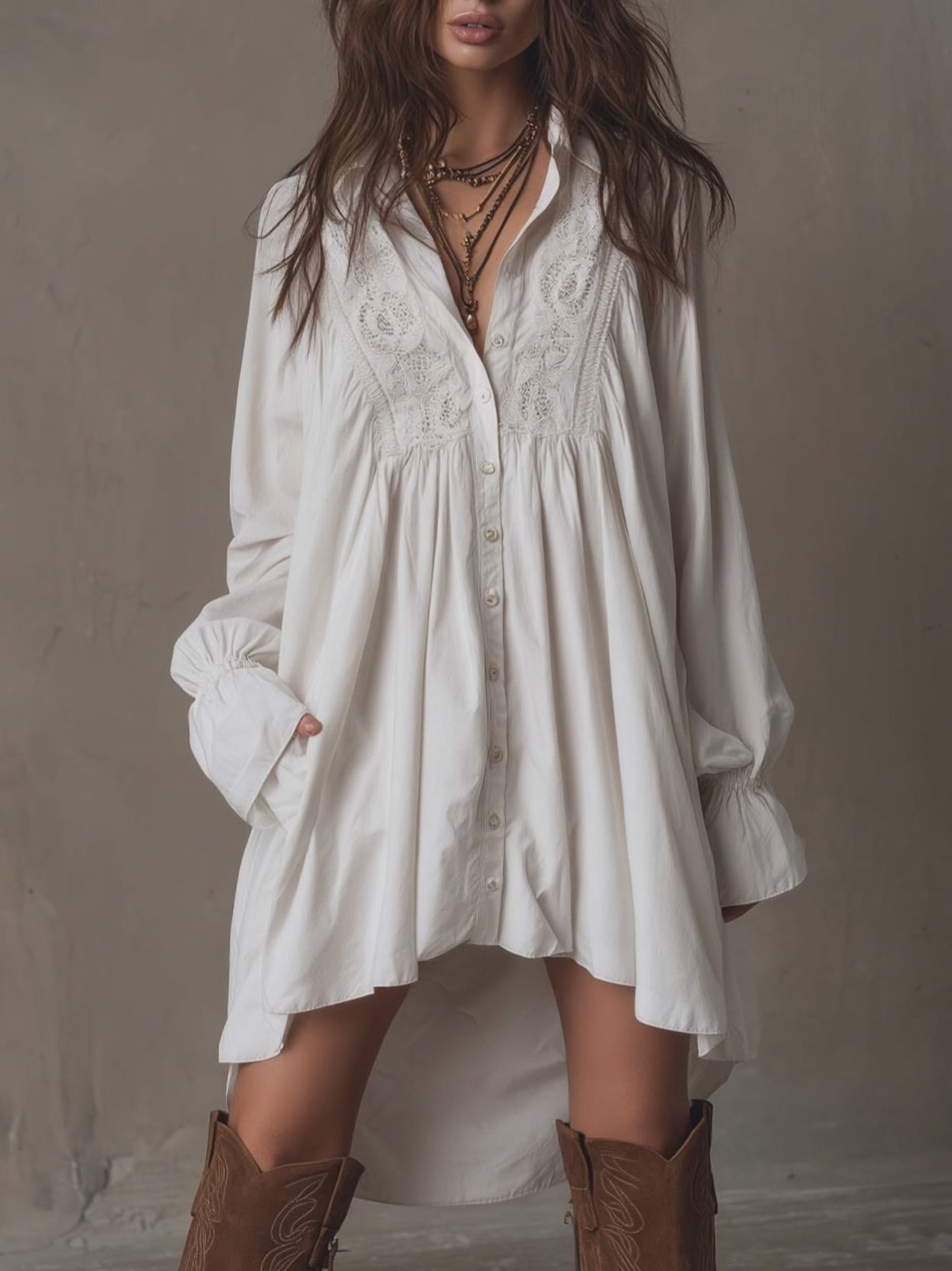 Retro-style Lace Irregular Hem Long-sleeved Mini Dress
