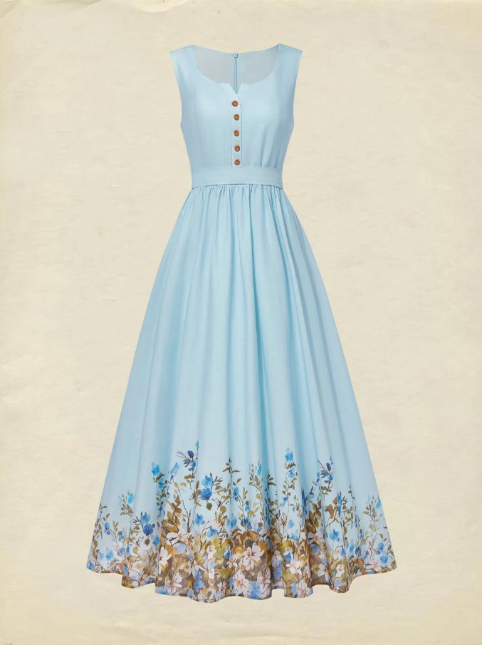 Sleeveless Sweetheart Neckline Floral Vintage Blue Linen Dress (S-XXL)