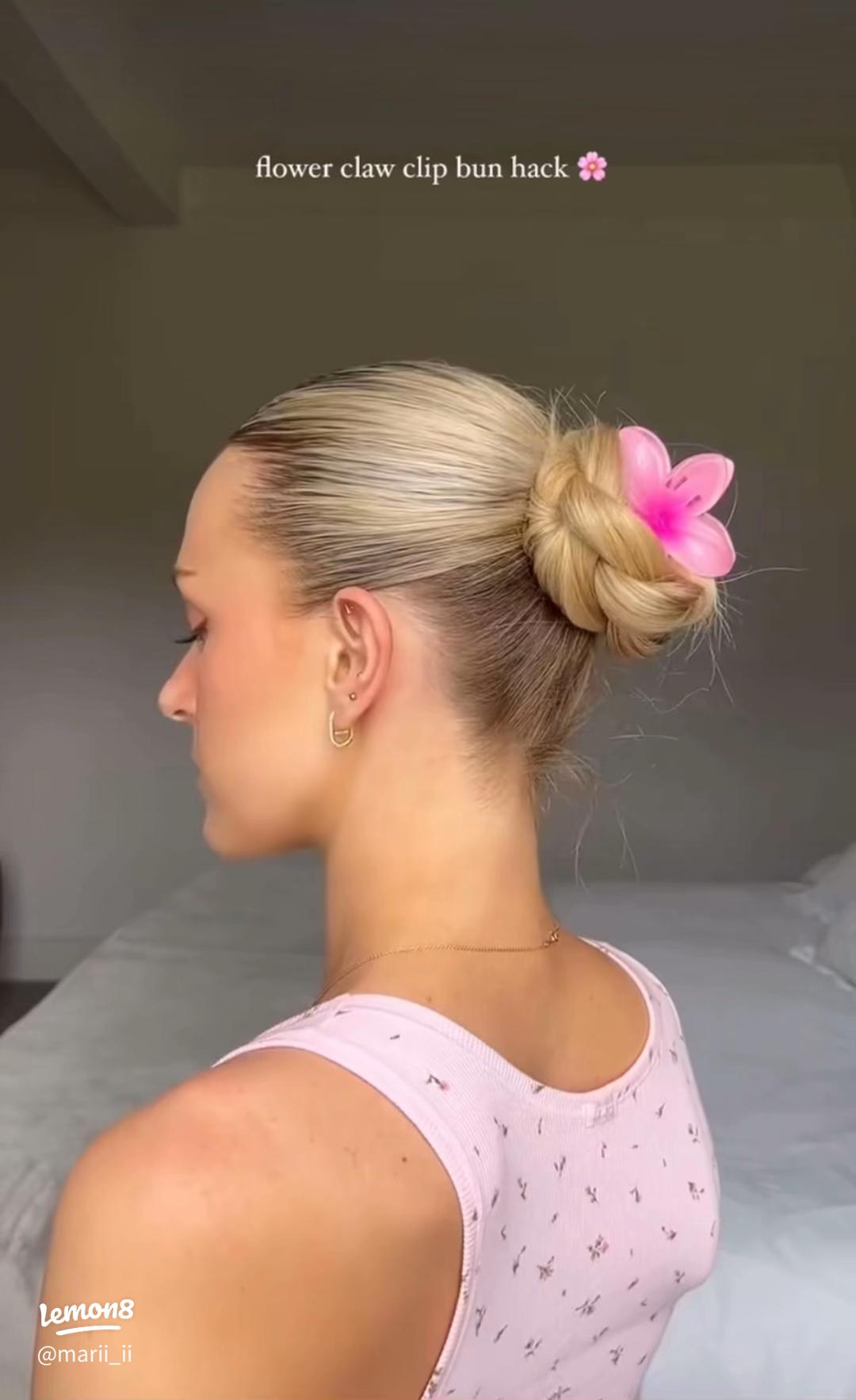Brunch look with pink pastel claw clip in messy updo