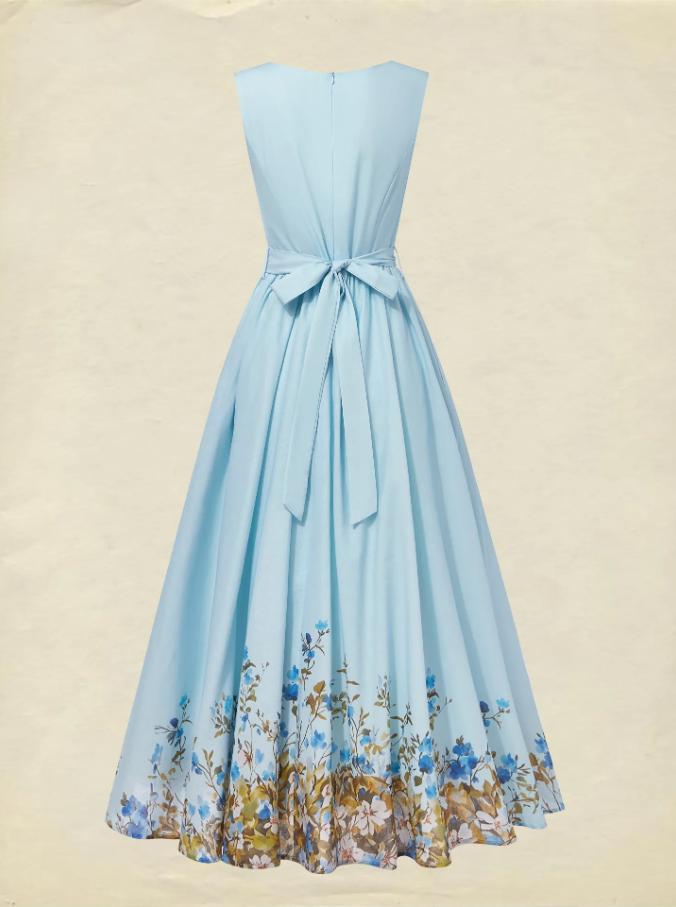 Sleeveless Sweetheart Neckline Floral Vintage Blue Linen Dress (S-XXL)