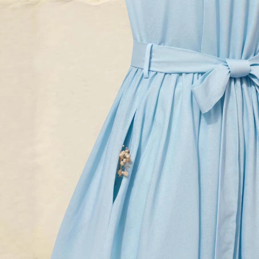 Sleeveless Sweetheart Neckline Floral Vintage Blue Linen Dress (S-XXL)