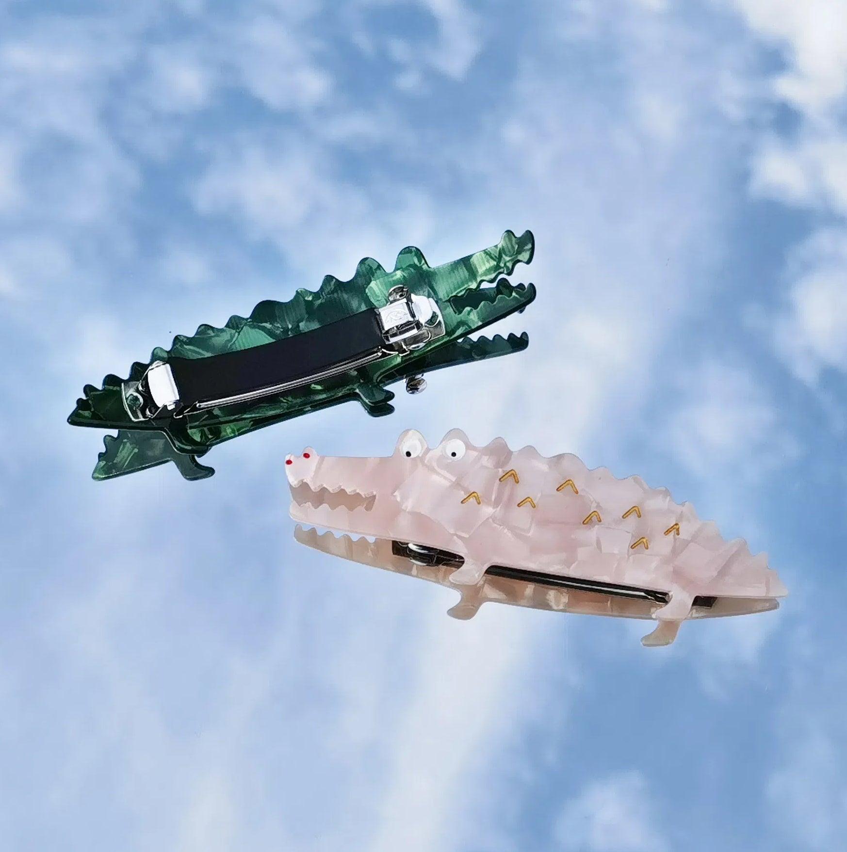 Bowsatelier Unique Green pink Alligator Barrette- cute classic hair claw with distinctive pattern. good for thick curly fine hair