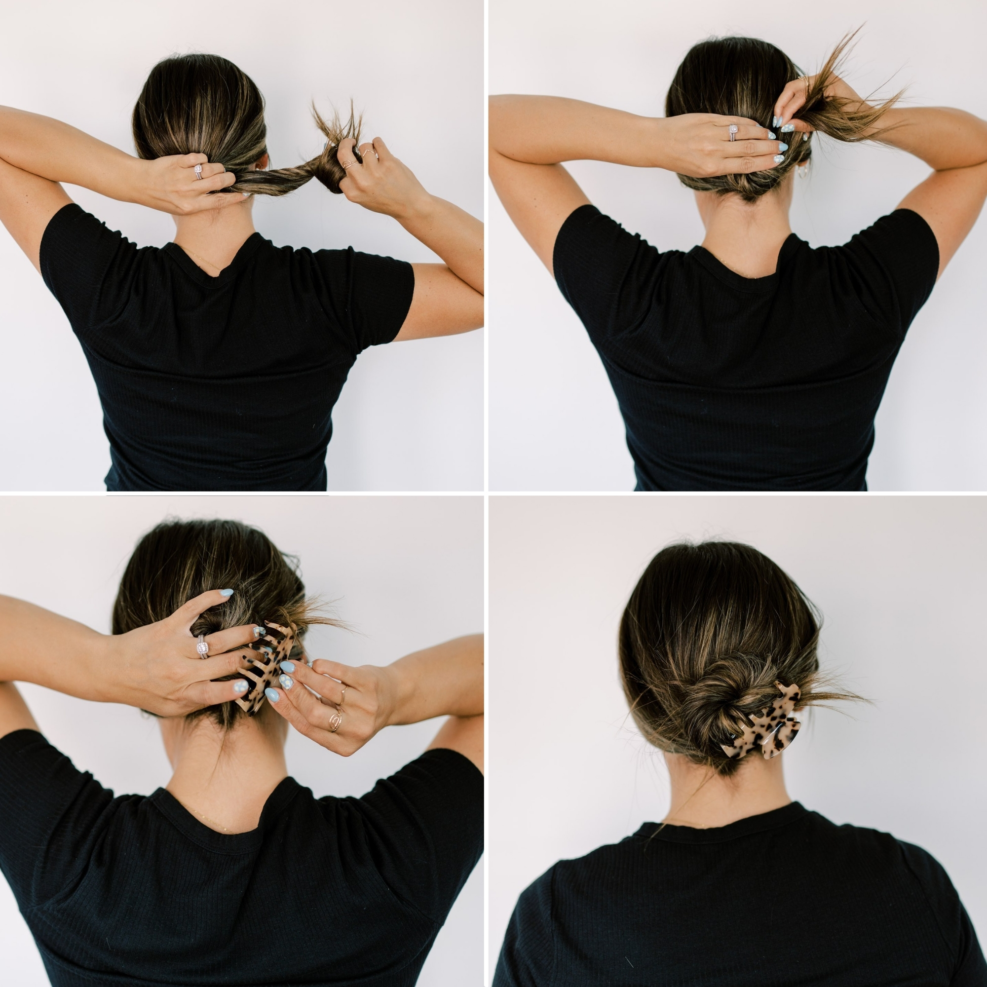 low bun held together with a claw clip.