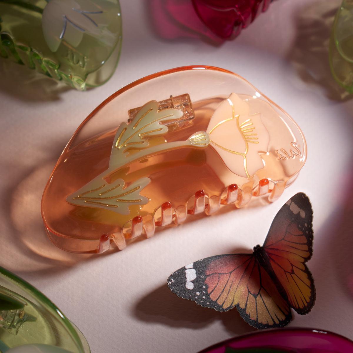 California Poppy Flower Jennie inspired cute bio-acetate winona irene big sale tortoise shell hair claw clip cute hair styles flat online wholesale hair pin hair accessories french barrettes for thick hair styles women.