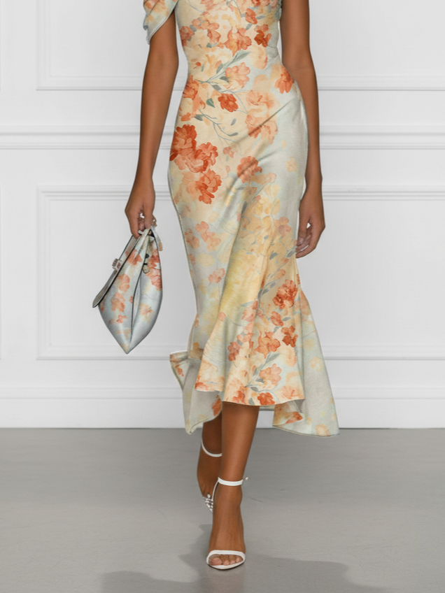 Light Blue Floral Classic Off The Shoulder Short Sleeve Mermaid Midi Dress