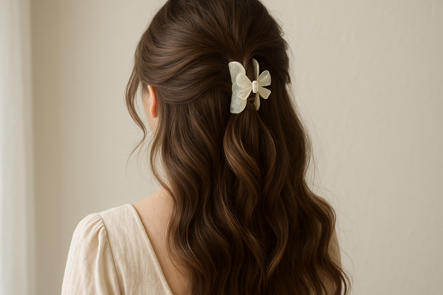 Half-up hairstyle with soft ivory acetate claw clip and bows