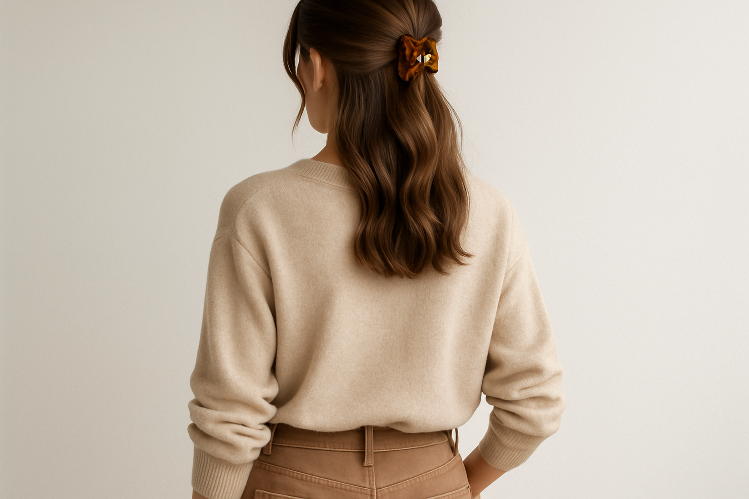 Casual neutral outfit with tortoise shell hair clip holding half-updo