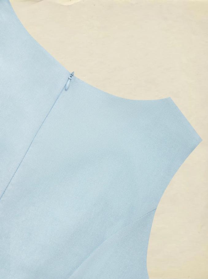 Sleeveless Sweetheart Neckline Floral Vintage Blue Linen Dress (S-XXL)