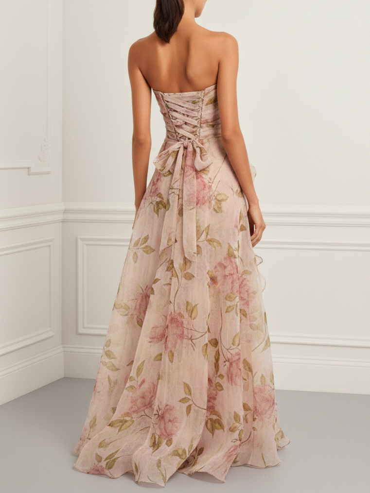 Pink Floral 3D Floral Tulle Strapless Sleeveless A-Line Floor-length Gown Dress