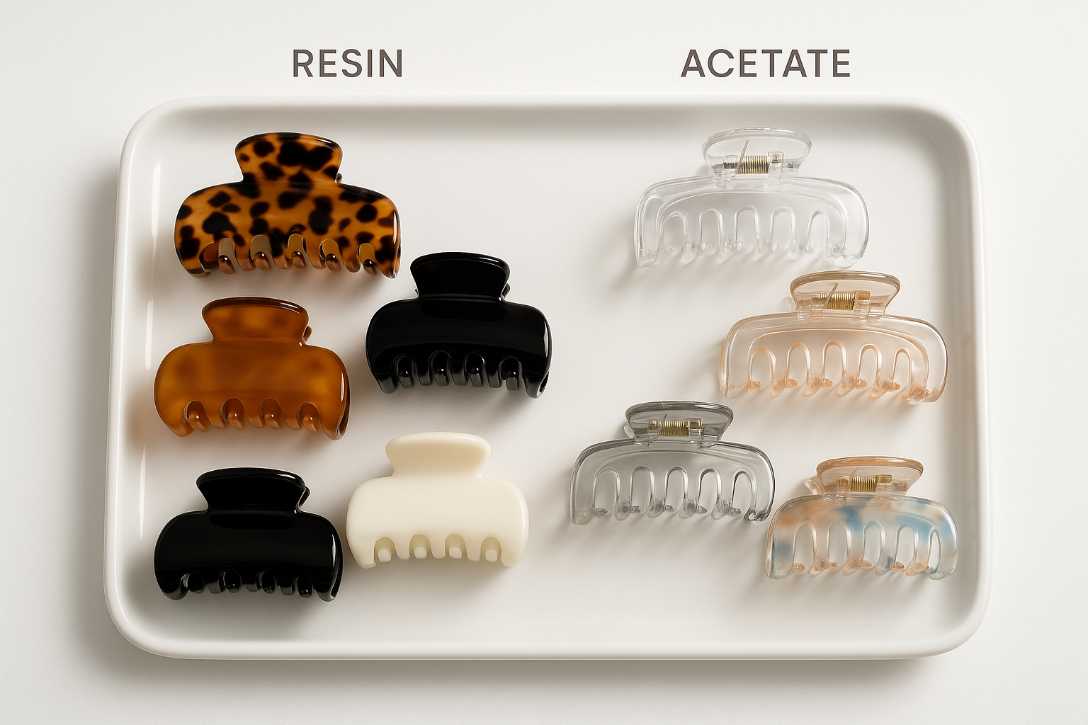 Side-by-side comparison of resin and acetate hair claw clips on a white tray