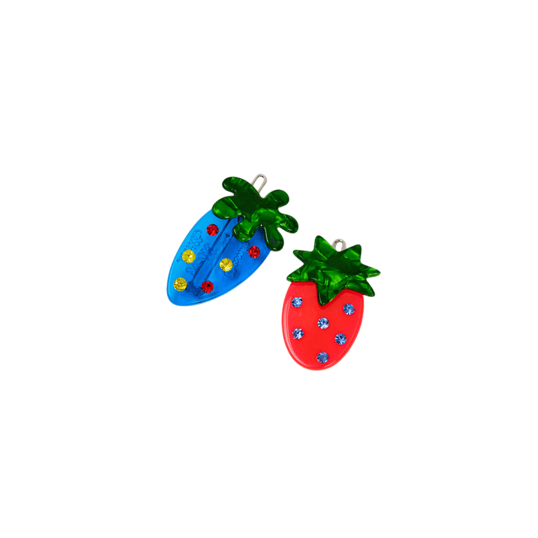 Bowsatelier Unique Strawbs Clips Set  in blue & red- cute hair claw with distinctive pattern. good for thick curly fine hair