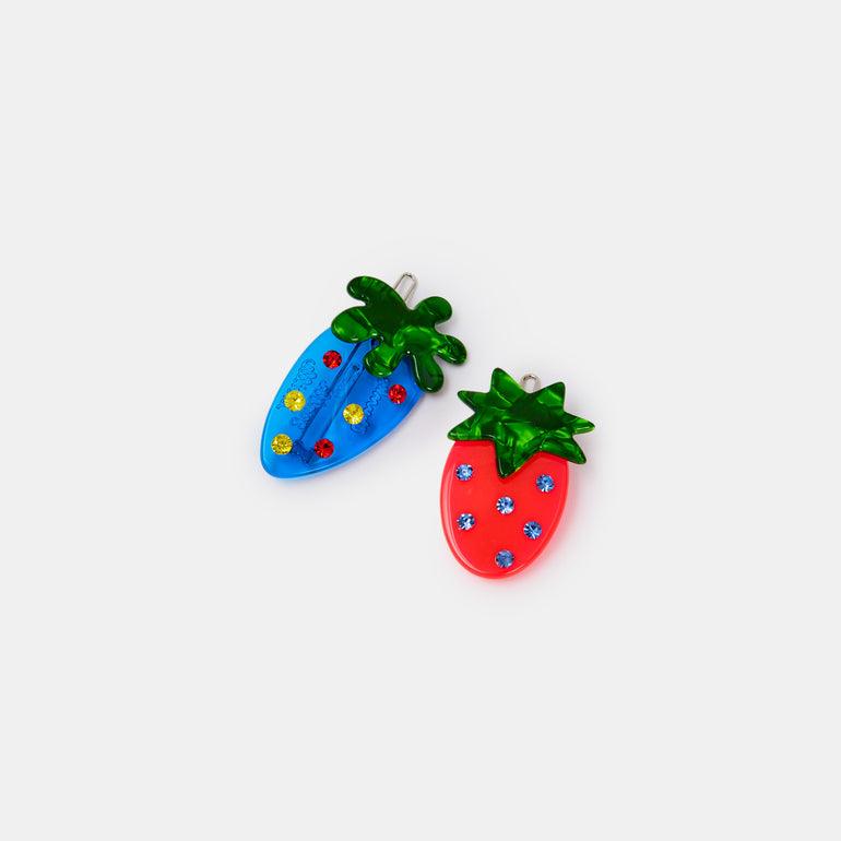 Bowsatelier Unique Strawbs Clips Set  in blue & red- cute hair claw with distinctive pattern. good for thick curly fine hair