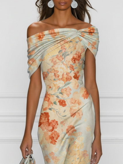 Light Blue Floral Classic Off The Shoulder Short Sleeve Mermaid Midi Dress