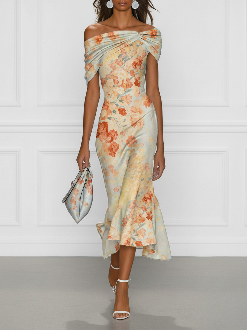 Light Blue Floral Classic Off The Shoulder Short Sleeve Mermaid Midi Dress